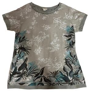 Sundance Gray/Green Tropical Floral Crew Neck Embroidered Tee Medium Boho